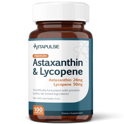 [BRSRABL5DN6R6F3A] Astaxanthin 24mg with Lycopene 50mg Supplement, 100 Vegetarian Capsules, Non-GMO, Gluten Free