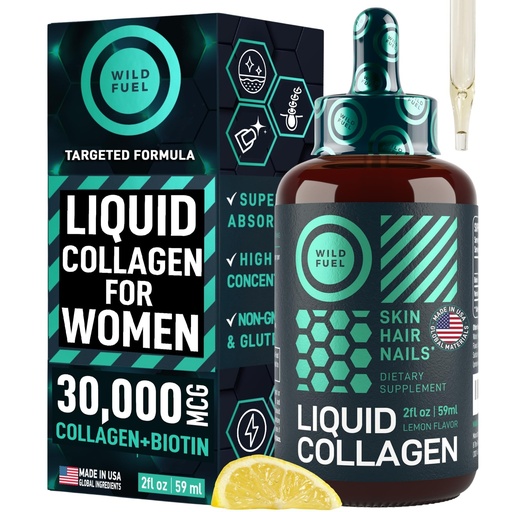 [BRSWYGQEOANQE3TD] Liquid Collagen for Women and Men - 30,000mcg Hydrolyzed Collagen Peptides Liquid with Biotin Vitamins for Hair, Skin, Nails & Anti-Aging - Lemon Liquid Drops, 2oz, up to 2-Month Supply, Made in USA