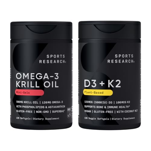 [BRSRGAYBDEFAGAD5] Sports Research® Multivitamin Pack - Omega-3 Krill Oil 500mg w/Choline, Phospholipids & Astaxanthin and Vitamin K2 & Vegan D3 5000iu with Coconut MCT Oil - Non-GMO · Gluten Free