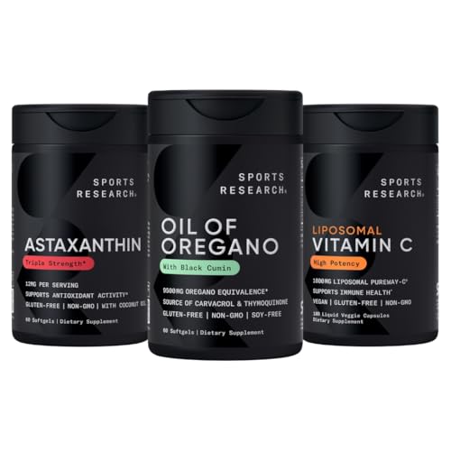 [BRSRGGTRDEFGKCY4] Sports Research® Antioxidant Support Pack - Oil of Oregano 9500mg + Triple Strength Astaxanthin 12mg + Liposomal Vitamin C Supplement 1000 mg