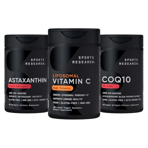 [BRSREAT4CJ6R6AYU] Sports Research® Antioxidant Support Pack - High Potency Liposomal Vitamin C Supplement 1000mg + Coenzyme Q10 100mg + Triple Strength Astaxanthin 12mg w/Organic Coconut Oil