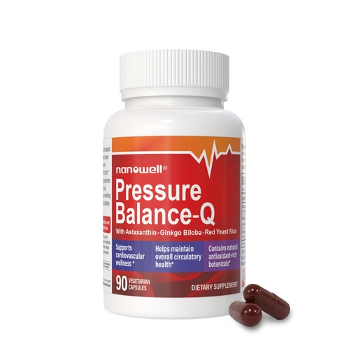 [BRSREAYBOEHAMDY3] NANOWELL® Pressure Balance-Q | Antioxidant Formula with Natural Non-GMO Astaxanthin 12 mg per Capsule, Ginkgo Biloba, Policosanol, Red Yeast Rice, and Rosemary Extract | 90 Vegetarian Capsules