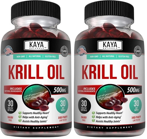 [BRSRGFIEOUMG22AV] Kaya Naturals - Antarctic Krill Oil 500mg with Omega 3, EPA, DHA, Phospholipids & Astaxanthin Supplement - Brain & Health Vitamin - Anti Aging Supplement - 30 Count Softgels (Pack of 2)