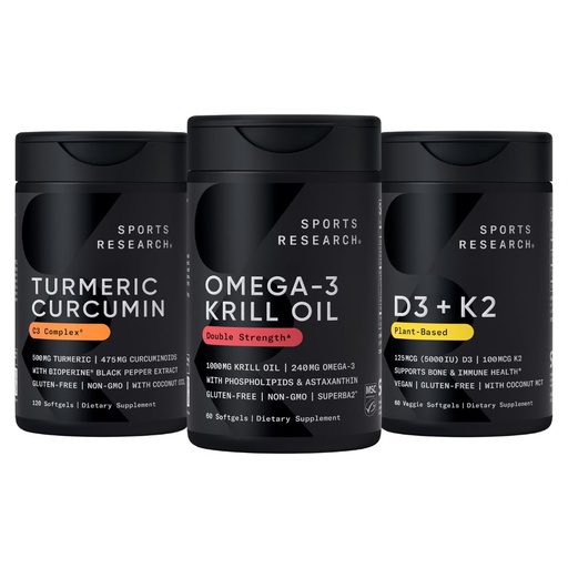 [BRSRAZY5BBYRUE36] Sports Research Antarctic Krill Oil Omega 3 1000mg (with Phospholipids, Choline & Astaxanthin), Turmeric Curcumin C3 Complex (with Bioperine Black Pepper & Coconut Oil) & Plant Based Vitamin D3 + K2