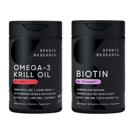 [BRSRMFADDJ5WCCI4] Sports Research® Glow and Flow Pack - Omega-3 Krill Oil 500mg - Pure Antarctic Superba Krill with Phospholipids, Choline & Astaxanthin & Biotin 10,000mcg with Organic Coconut Oil (Vitamin B7)