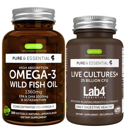 [BRSRMZ3QDN4AAAL3] Pure & Essential High Absorption Omega-3 Wild Fish Oil 1360mg + Live Cultures+ Lab4 Probiotics Bundle, 1000mg EPA & DHA with Astaxanthin + 25 Billion CFU Lactobacillus Acidophilus & Bifidobacterium wi