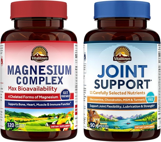 [BRSRAADRB4BGOFLJ] Vitalitown Magnesium + Glucosamine Chondroitin MSM Bundle (Pack of 2) | Magnesium Complex (Item 1) & Joint Support* (Item 2) | 120 Magnesium Capsules & 90 Joint Capsules