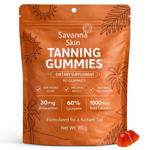 [BRSRGA37CV7R62D7] Savanna Skin Tanning Gummies, with Vitamin C & E, Astaxanthin, Beta Carotene, Skin Radiance & Hydration for Natural Looking Glow, Bronzing, Non-GMO, Vegan & Sugar Free - 60 Count (1)
