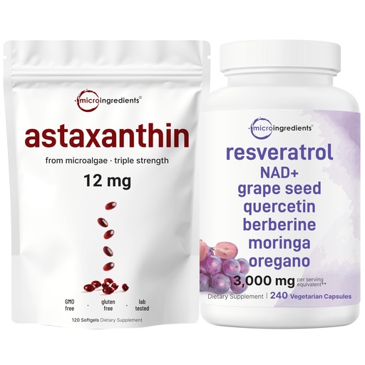 [BRSREGQKO57RUH33] Micro Ingredients Astaxanthin 12mg Softgels & Resveratrol NAD Supplements 3,000mg Veggie Capsules | 2 Pack Bundle | Fresh Microalgae Source | 11-in-1 Antioxidant Blend with Quercetin & Berberine