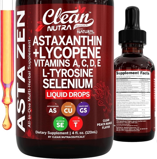 [BRSRGZQBOYMW2G3P] Clean Nutra Astaxanthin Lycopene Liquid Drops Absorption Support Vitamins A C D E 4 fl oz – Potent Natural D3 C E A & Selenium L-Tyrosine Formula Pure Antioxidant Blend Enhanced Nutrient Uptake