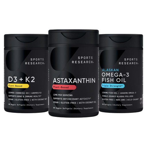 [BRSRGAYDCUCW2H3O] Sports Research® Antioxidant Support Pack w/Triple Strength Vegan Astaxanthin Supplement from Algae, Omega-3 Fish Oil 1250mg, and Vitamin D3 5000iu & Mk7 Vitamin K2 with Coconut MCT Oil
