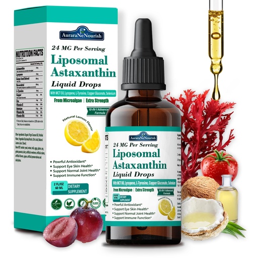 [BRSRGBI7OUORSFL3] Liposomal Astaxanthin 24mg Liquid Drops, 11-in-1 Antioxidant with MCT Oil, Lycopene & Organic Coconut Oil, Fresh Microalgae Source, Supports Eye Skin Joint Health for Women & Men, Lemon Flavors