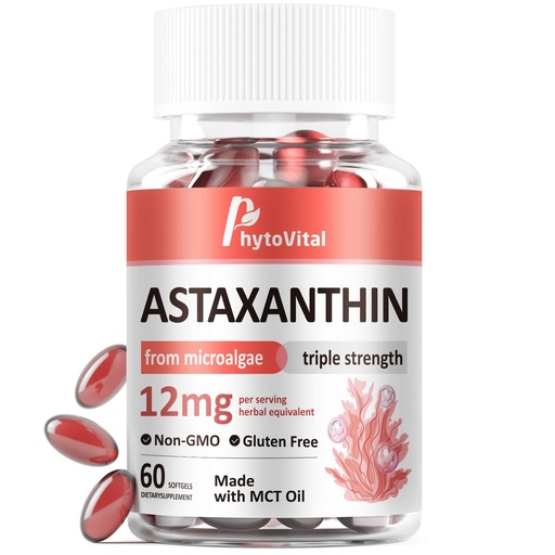 [BRSRGBAHDNYAYYDO] Astaxanthin 12mg with MCT Oil, 60 Softgels (2-Month Supply) – Triple Strength Antioxidant Supplement from Haematococcus Pluvialis – Non-GMO, Gluten-Free, Vegan