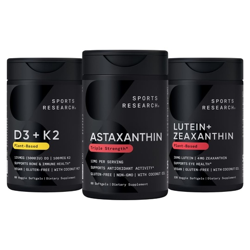[BRSRGBIEBEMA4DLA] Sports Research® Antioxidant Support Pack w/Astaxanthin 12mg, Vitamin D3 5000iu + K2 100mcg, and Lutein 20mg + Zeaxanthin 4mg Supplements - Vegan Certified · Non-GMO · Gluten & Soy Free