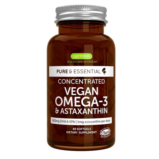 [BRSWGBA7O4IAKHTF] Igennus Vegan Omega-3 Natural Algae Oil, DHA & EPA, Certified Pure, Plant Based Fatty Acid Supplement, with Astaxanthin Antioxidant, 60 Small Softgels, 2 per Day, 30 Servings