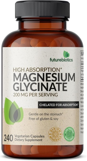 [BRSRAYIYBYNWEETK] Futurebiotics Magnesium Glycinate 200 MG per Serving Chelated for High Absorption, Gentle On Stomach, Non-GMO, 240 Vegetarian Capsules