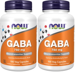 NOW Foods Supplements,GABA (Gamma-Aminobutyric Acid) 750mg,Neurotransmitter Support*,100 Veg Capsules,(Pack of 2)