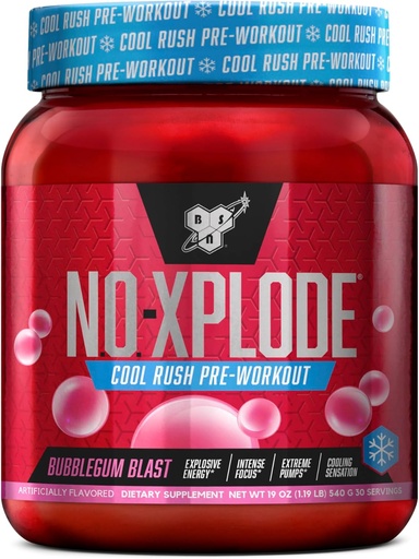 [BRSRAGABAUNA4F3D] BSN N.O.-XPLODE Cool Rush Pré-treino em pó, Pré-treino Suplemento de energia para homens e mulheres com Creatina e Beta-Alanine, Novo sabor: Bubblegum Blast, 30 Servings