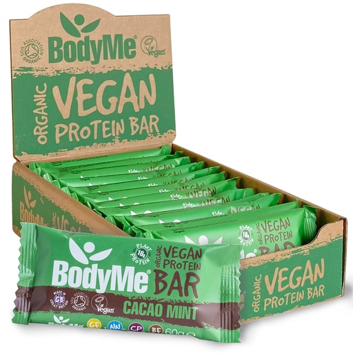 [BRSWKHDQBMIRYHLX] BodyMe Organic Vegan Protein Bar | Raw Cacao Mint | Box of 12 x 2.12oz (60g) | with 3 Plant Proteins
