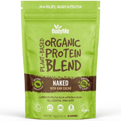 [BRSWKHY2BACW223X] BodyMe Organic Vegan Protein Powder Blend | Raw Cacao | 2.2lb 1kg | UNSWEETENED with 3 Plant Proteins