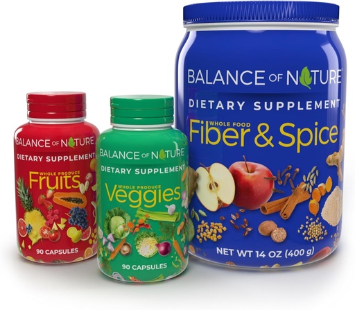 [BRSWGGI3BB7AKD32] Balance of Nature Whole Health System - Whole Food Fruits & Veggies and Fiber & Spice Supplements - 30 Servings Each