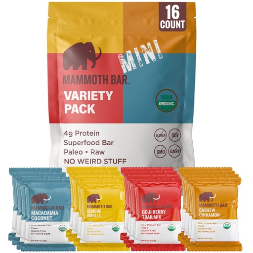 [BRSRAGQDAUPGCCL3] Mammoth Bar Mini - Variety Pack of our Mini Organic Protein Bars – Made with Premium Nuts & Egg White Protein • Organic • Paleo • Gluten Free • GMO Free • Raw - 16 Mini Bars
