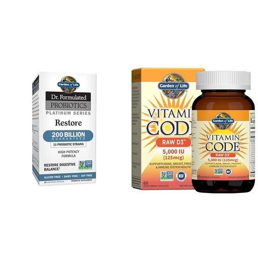 [BRSROAIPCQNRSDTZ] Garden of Life Dr. Formulated Probiotics Platinum Series Restore 200 Billion & Vitamin D, Vitamin Code Raw D3, Vitamin D 5,000 IU, Raw Whole Food Vitamin D