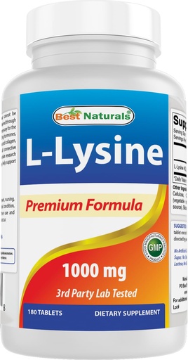 [BRSWIGQTBR5BSDYV] Best Naturals L-Lysine 1000mg 180 Tablets - Double Strength Lysine for stronger immune health & cold sores