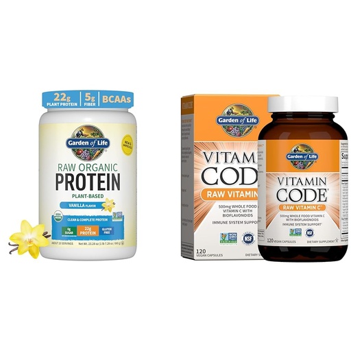 [BRSRAY33O4GWYH3B] Garden of Life Organic Vegan Vanilla Protein Powder 22g - Vitamin Code Vitamin C 120 Capsules Bundle