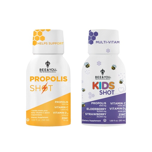 [BRSRAAT2AEHG22D2] Bee and You Propolis Shot and Kids Shot Bundle, Natural Propolis Shot Supplement, Antioxidants, Vitamin C, VIT D3, Zinc, Orange Juice, Raw Honey 2 * 12 Bottles