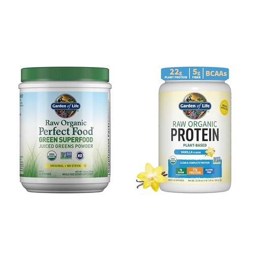 [BRSROAIPCUCQA2Q3] Garden of Life Raw Organic Perfect Food Green Superfood Juiced Greens Powder - Original Stevia-Free & Organic Vegan Vanilla Protein Powder 22g