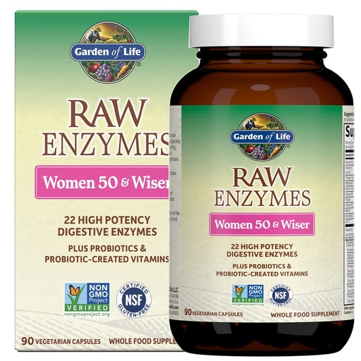 [BRSWIZQBOENAYAD2] Garden of Life 22 Digestive Enzymes for Women 50 & Over with Bromelain, Papain & Lactase plus Probiotics & Vitamins B12, Biotin & Zinc – RAW Enzymes – Non-GMO, Gluten-Free, Vegetarian, 90 capsules