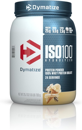 [BRSRAGAOORYGGDTF] Dymatize ISO100 Hydrolyzed Protein Powder, 100% Whey Isolate Protein, 25g of Protein, 5.5g BCAAs, Gluten Free, Fast Absorbing, Easy Digesting, Gourmet Vanilla (24 Servings)
