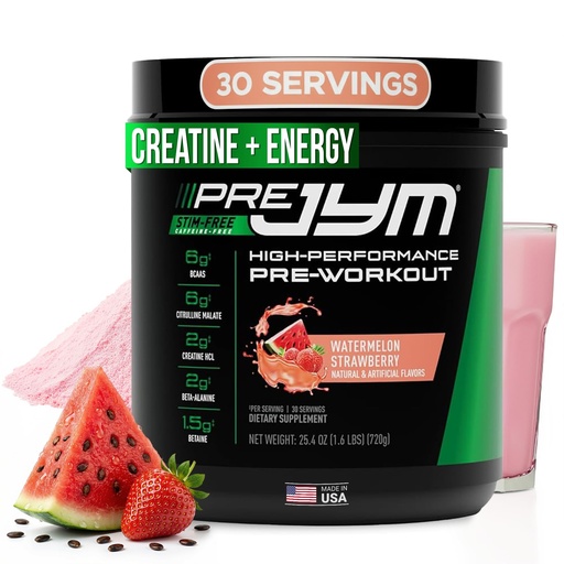 [BRSROCAEBAIG2GTZ] Pre JYM Stim Free Watermelon Strawberry Pre-Workout Powder, Creatine, No Caffeine, Citrulline, Betaine, BCAA's, Taurine, Alpha-GPC, Huperzine, 30 Servings