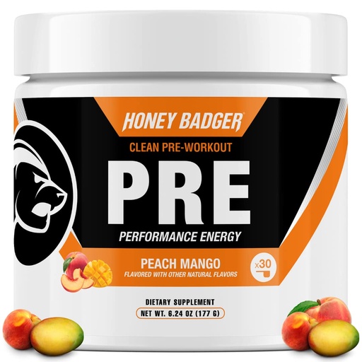 [BRSWKFAOAIFAG2Y7] Honey Badger Pre Workout Powder, Keto Vegan Preworkout for Men & Women, Beta Alanine & Caffeine, Sugar Free Natural Energy Supplement, Peach Mango, 30 Servings