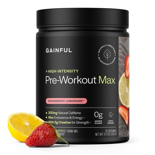[BRSRACDQAR7QMHY3] Gainful High Intensity Pre Workout Powder with 200mg Caffeine, 5g Creatine, Strawberry Lemonade Flavor, Supports Energy, Strength, Endurance, & Recovery, BCAAs, Beta Alanine, L-Citrulline, 20 Servings