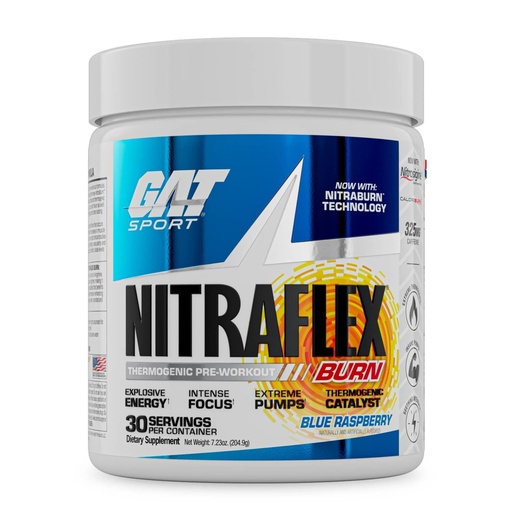 [BRSWGGAOBMHRGAI4] GAT SPORT NITRAFLEX Burn, Pre-Workout, Blue Raspberry, 30 Servings