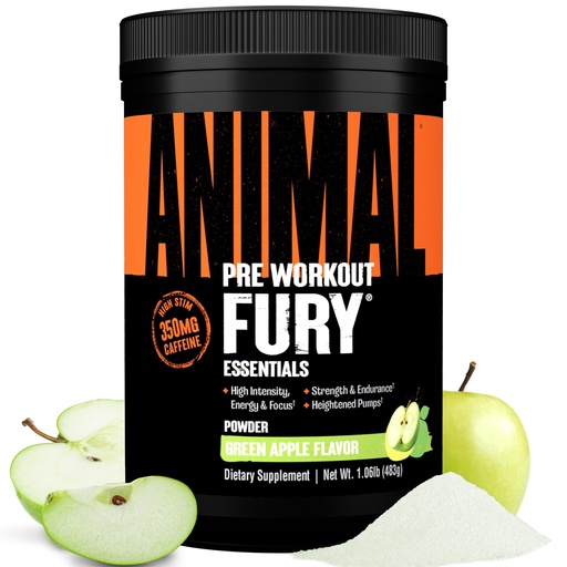 [BRSWKHDQBB6BGETC] Animal Fury Pre Workout Powder - Green Apple, 350mg Caffeine, BCAA Amino Acids, 2g Beta Alanine, Citrulline & Tyrosine, Energy, Focus, Strength, Endurance, Preworkout for Men & Women, 30 Servings