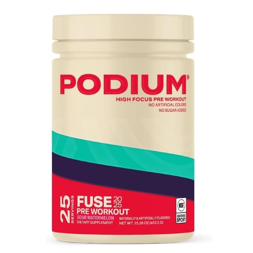 [BRSREYL5CV6A2F33] Podium Nutrition, Fuse 2025 Pre Workout Powder, Sour Watermelon, 25 Servings, Beta Alanine and Caffeine for Energy, Gluten Free, Soy Free, Dairy Free