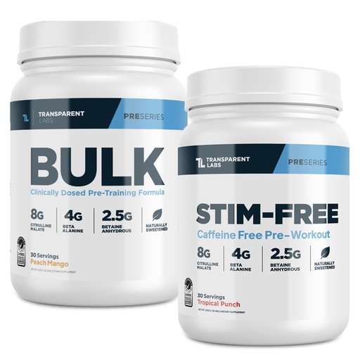 [BRSRE23QDMHQODLK] Transparent Labs Bulk Pre-Workout (30 Servings, Peach Mango) & Stim-Free Pre-Workout (30 Servings, Tropical Punch)