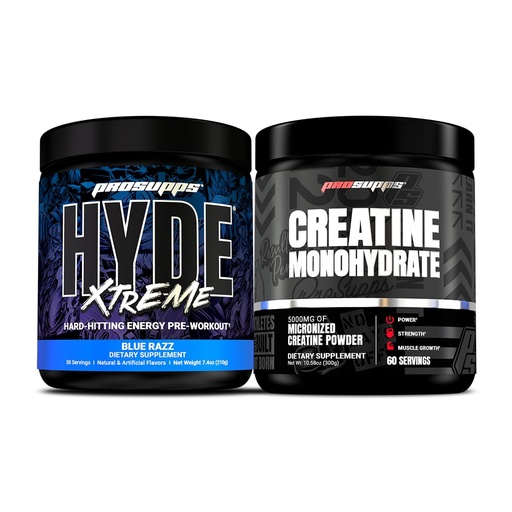 [BRSROBT5OEMGOCLA] PROSUPPS Hyde Xtreme Hard-Hitting Energy Pre-Workout, Blue Razz, and Creatine 300 Bundle