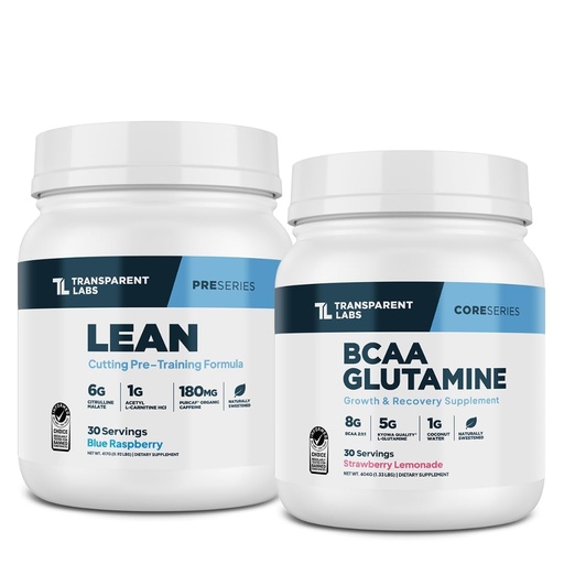 [BRSRE2YZCVYAI3TK] Transparent Labs Lean Pre-Workout Powder (30 Servings, Blue Raspberry) & BCAA Glutamine (30 Servings, Strawberry Lemonade)