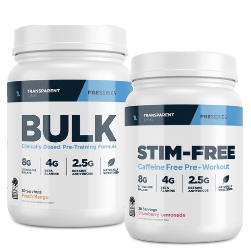 [BRSRE23QDN4BA23F] Transparent Labs Bulk Pre-Workout Powder (30 Servings, Peach Mango) & Stim-Free Pre-Workout Powder (30 Servings, Strawberry Lemonade)