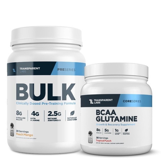 [BRSREBINPJ5B4CDB] Transparent Labs Bulk Pre-Workout (30 Servings, Peach Mango) & BCAA Glutamine (30 Servings, Tropical Punch)