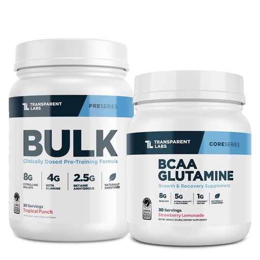 [BRSRE2YZC55GE3L4] Transparent Labs Bulk Pre-Workout (30 Servings, Tropical Punch) & BCAA Glutamine (30 Servings, Strawberry Lemonade)