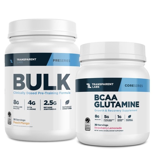 [BRSRE2YZCN5AMYI4] Transparent Labs Bulk Pre-Workout (30 Servings, Peach Mango) & BCAA Glutamine (30 Servings, Strawberry Lemonade)