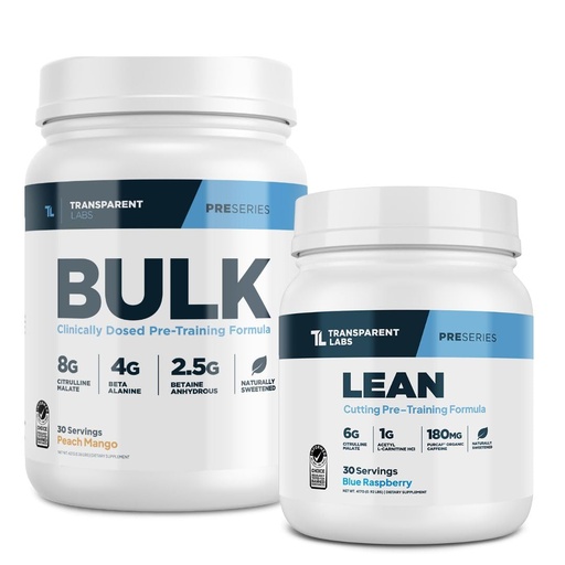 [BRSRE2QROQMRQ2D7] Transparent Labs Bulk Pre-Workout (30 Servings, Peach Mango) & Lean Pre-Workout (30 Servings, Blue Raspberry)