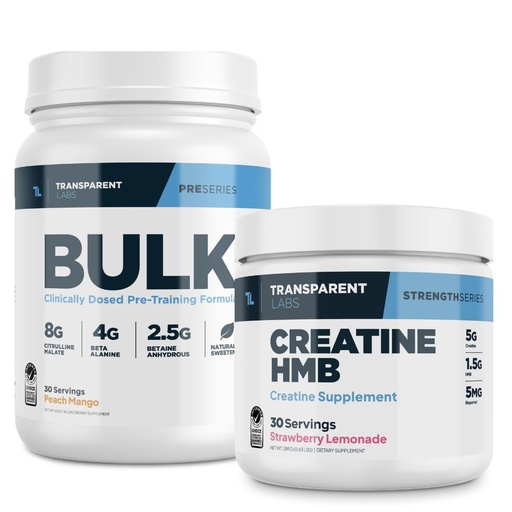 [BRSRE2Q3AUCBQDY4] Transparent Labs Bulk Pre-Workout Powder (30 Servings, Peach Mango) & Creatine HMB (30 Servings, Strawberry Lemonade)