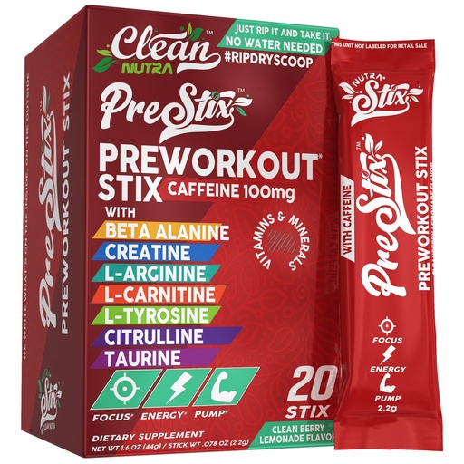 [BRSRAAQCAUFWOF35] Clean Nutraceuticals Pre Workout Powder Energy Sticks - Caffeine 100mg, Energy Drink Mix, Creatine Monohydrate, Beta Alanine, L-Citrulline, L-Tyrosine, L-Carnitine, Electrolyte Hydration Packets 20 Ct
