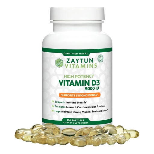 [BRSWYFARCVYAY3L6] Zaytun Halal Vitamin D3 5000 IU, 180 Mini Softgels, Supports Bones, Healthy Muscle Function & Immune, Premium Vitamin D from Safflower Oil, 6 Months Supply, Non-GMO, Gluten-Free, Made in USA